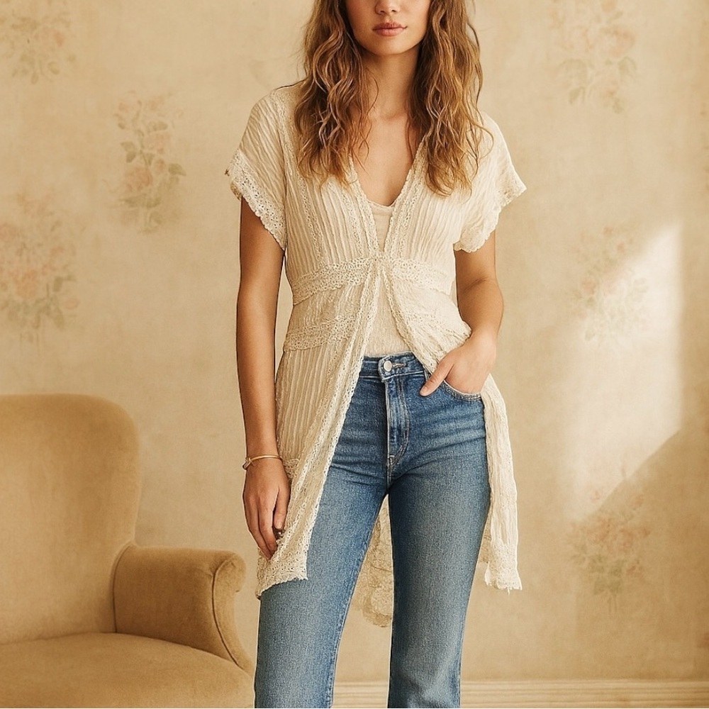Biya X Johnny Was Cottagecore Crochet Lace Long Asymmetrical Top
